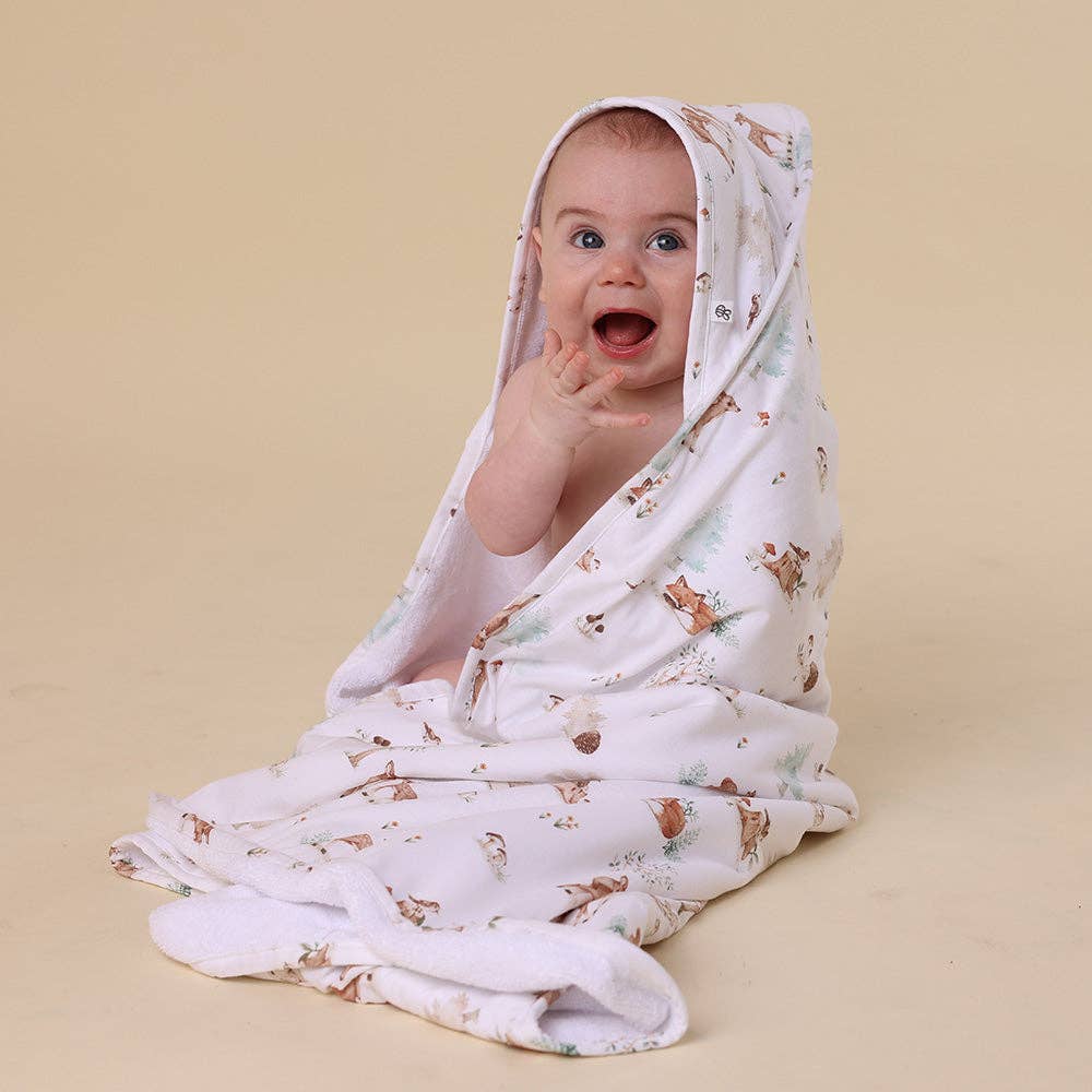Woodland Tales organic hooded baby towel strawberry print