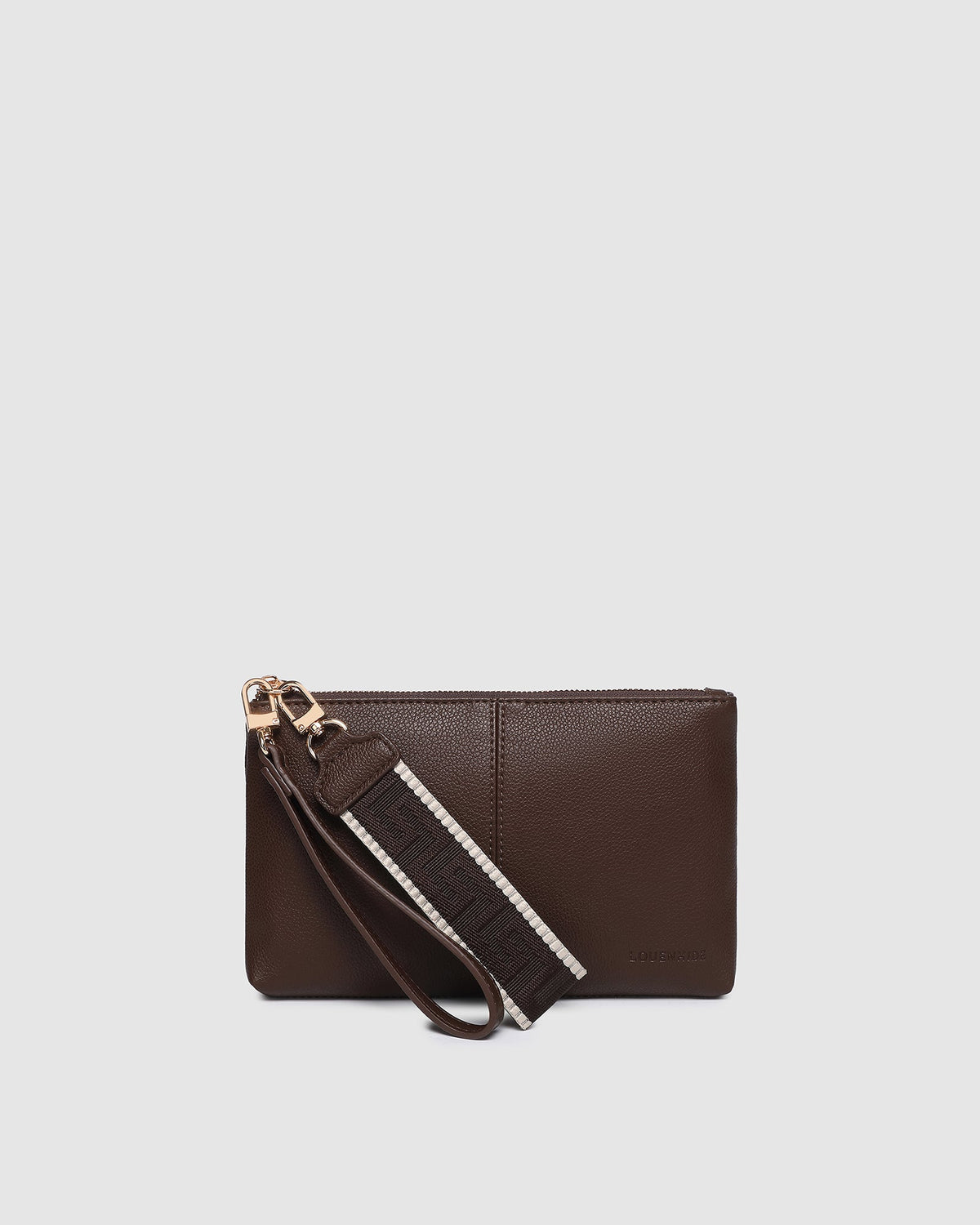 Chocolate clutch bag with card slots and zip pockets