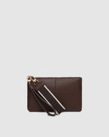 Chocolate clutch bag with card slots and zip pockets