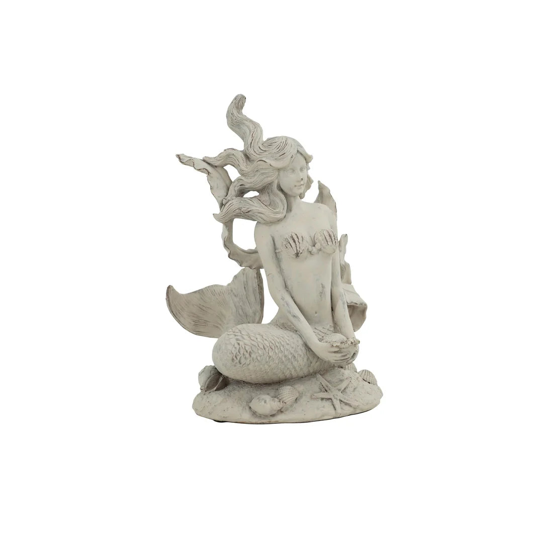 Trident whitewash resin mermaid with shells ornament