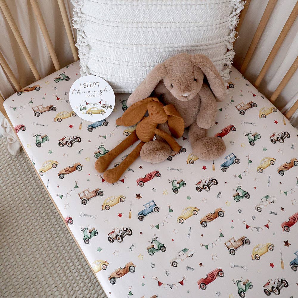 Vintage cars organic fitted cot sheet Snuggle Hunny baby bedding